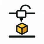 Minimalist 3D printer icon with only three components: a printer head, a print bed, and a small 3D object being printed.