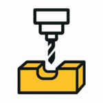 Minimalist CNC machining icon featuring only the drill bit and machine head in black and white, with a solid metal block in yellow and black on a white background. The metal block should show partial cutting or milling, with a visible groove or indentation to indicate machining in progress.