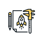 Minimalist icon for 'Prototyping' featuring a pencil, sketch paper, caliper, and a small rocket, all in black, white, and yellow tones.