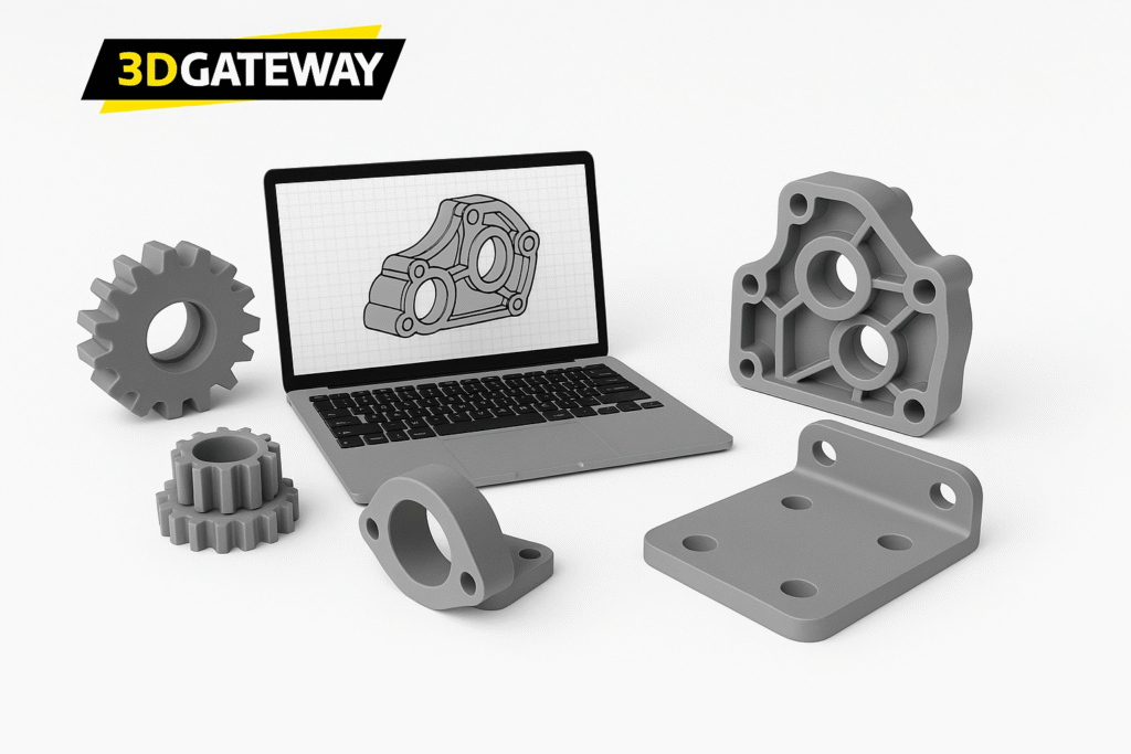 3dmodeling fusion360 showing laptop and a few 3D model designs such as parts, gears and brackets.