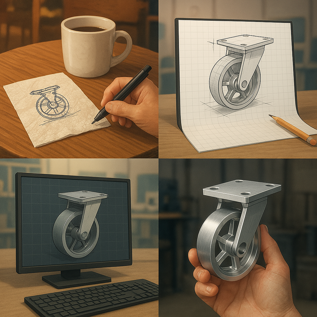 A visual storytelling image showing the product development journey: starting with a hand-drawn sketch on a napkin in a coffee shop, transitioning to a technical draft on paper, then a CAD model on a computer screen, followed by a 3D-printed prototype, and finally the finished CNC-machined metal part. The background subtly shifts from a cozy café to a design studio to a workshop, with each stage clearly highlighted. The final product is in sharp focus, showcasing precision and craftsmanship