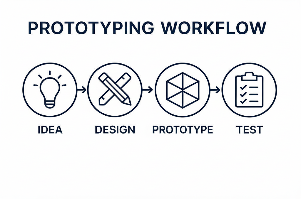 A minimalist, linear illustration depicting a four-step prototyping workflow. The process begins with a lightbulb icon representing idea generation, followed by crossed pencils symbolizing sketching and design. The third stage is a geometric cube, signifying 3D modeling. The final step is a clipboard with checkmarks, representing review, feedback, and validation of the prototype. Arrows indicate the sequential flow of this iterative design and development process.