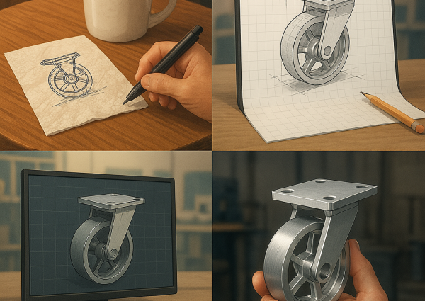 A visual storytelling image showing the product development journey: starting with a hand-drawn sketch on a napkin in a coffee shop, transitioning to a technical draft on paper, then a CAD model on a computer screen, followed by a 3D-printed prototype, and finally the finished CNC-machined metal part. The background subtly shifts from a cozy café to a design studio to a workshop, with each stage clearly highlighted. The final product is in sharp focus, showcasing precision and craftsmanship