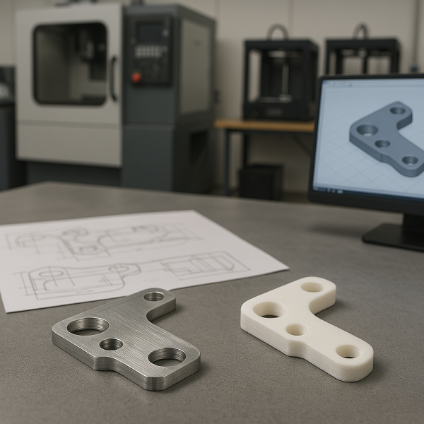 prototyping process steps A realistic before-and-after scene of a product development process. The image shows a flat, CNC-machined metal part in the foreground, with a 3D-printed prototype version of the same part next to it. In the background, there's a CNC machine and a couple of basic 3D printers. On the side, there are hand-drawn design sketches and a digital 3D model displayed on a monitor. The setting is a clean, well-lit workshop environment. The focus remains on the parts, with soft depth of field to keep the background subtle